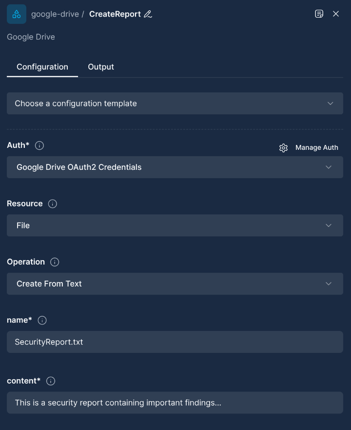 Google Drive File Creation Node Configuration