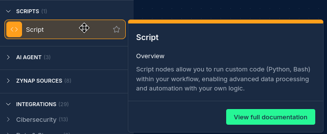 Script Node being added to a workflow