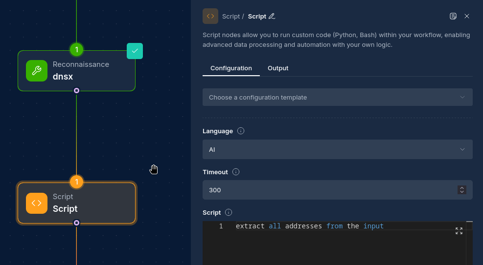 AI script configuration interface